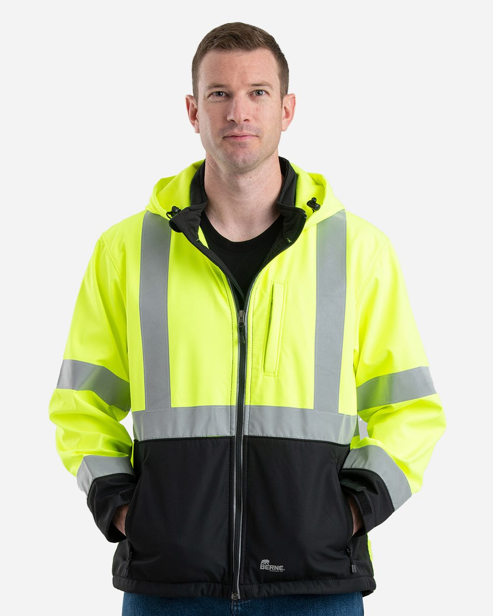 Berne Apparel HVJS206 Men’s Hi-Vis Class 3 Hooded Soft Shell Jacket Berne Apparel HVJS206 Men’s Hi-Vis Class 3 Hooded Soft Shell Jacket